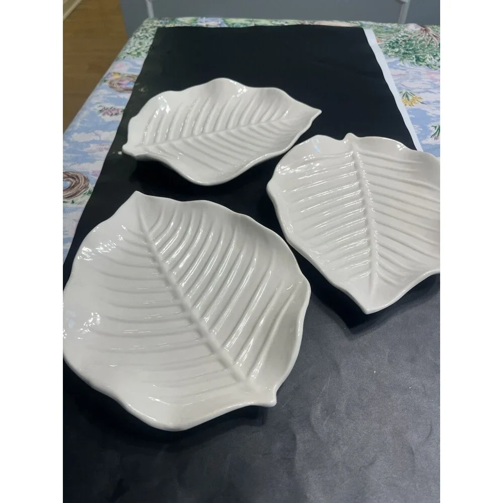 3pc Pottery Barn White Leaf 10” Plates